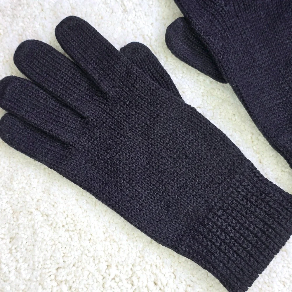 Vintage Womens Size OS Knit Gloves Black Solid Ribbed Cuff Warm Winter Classic